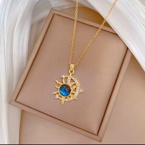 Sun & Moon Gold Tone Necklace Blue Stone Pendant Celestial Jewelry Gift